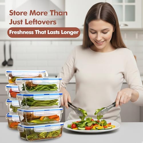 Image of Razab 16 Pc (Set of 8) 30 Oz Glass Meal Prep Containers with Lids, Airtight Large Glass Food Storage Containers, Reusable Leak Proof BPA Free, Freezer to Oven and Dishwasher Safe