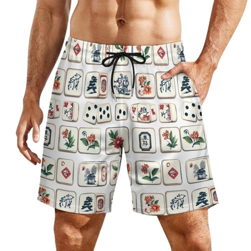 Chinese Mahjong Mens Swim Trunks with Quick-Drying Lining Beach Shorts for Outdoor Sports