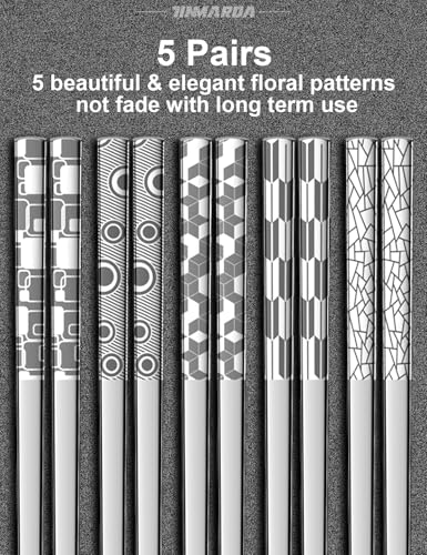 Image of Metal Chopsticks Reusable 18 /8 Stainless Steel Sleek Engraving Patterns Chop Sticks Reusable Dishwasher Safe Non-Slip Chopsticks+Modern Silver 5 Pairs