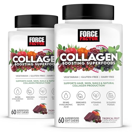 FORCE FACTOR Collagen Boosting Superfoods Vegan Collagen Booster for Women With Biotin Hyaluronic Acid and Vitamin C For Hair Skin Nails & Joint Support Tropical Fruit 120 Soft Chews 2-Pack
