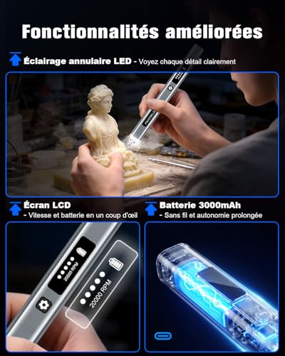 vueowcue Stylo de gravure électrique – Gravez plus de 50 surfaces – Écran LCD, lumière LED, 5 vitesses, 30+ accessoires, charge USB-C – Graveur bijouterie, idéal bijoutiers, modélistes et créatifs – vue 3