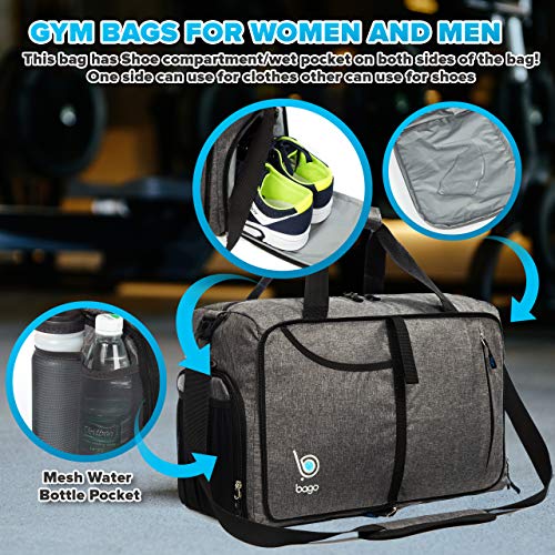 Bago Gym Bags For Women and Men - Small Packable Sports Duffle Bag For Women with Shoe Compartment and Wet Pocket ( 40 Liter SnowBlack )