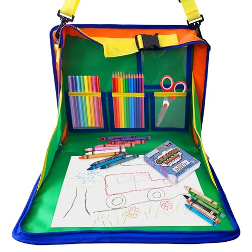Image of ArtCreativity Kids Travel Tray - Car Seat Table Tray with 16 Crayons, 20 Paper Sheets, 5 Clear Pockets