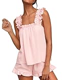Marvmys Womens Pajama Sets Shorts 2 Piece Lounge Sets Sleepwear Ruffle Shorts Set Soft Pj Set Pink L