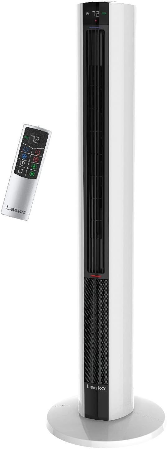 Oscillating All Season Tower Fan and Space Heater in One for Home with Adjustable Thermostat, Overheat Protection, 4 Fan Speeds, 3 Heat Settings and Remote, 42 Inches, 1500W, White, FH500