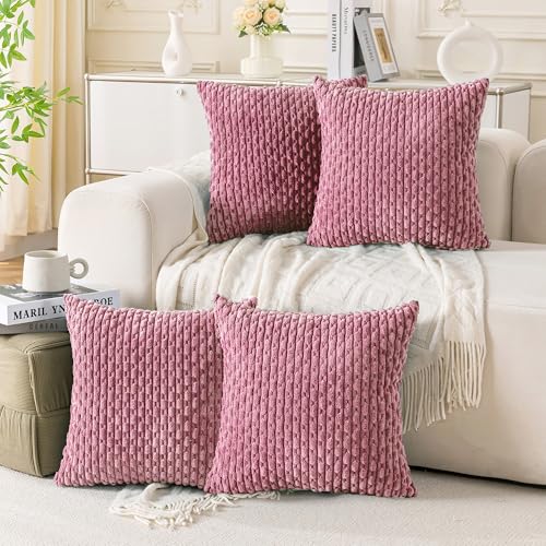 Set of 4 Pink Decorative Throw Pillow Covers 20x20 Inch Corduroy Pillow Covers for Bed Couch Sofa Living Room Soft Square Cushion Cases