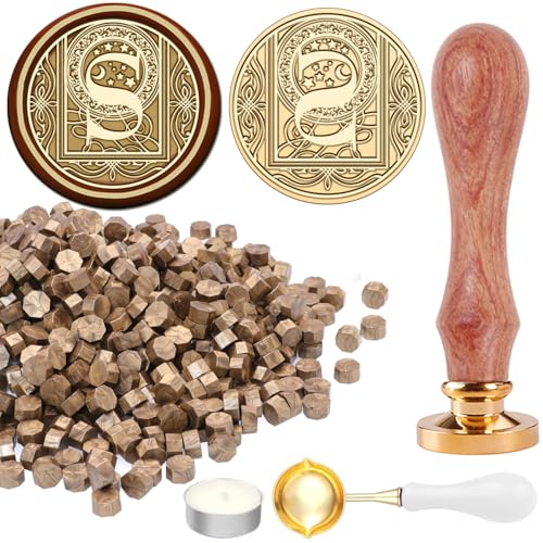 STAMPMASTER Alphabet S Wax Seal Kit Vintage Starry Initial S Sealing Stamp with 120 Antique Gold Wax Seal Beads for Wedding Christmas Envelopes