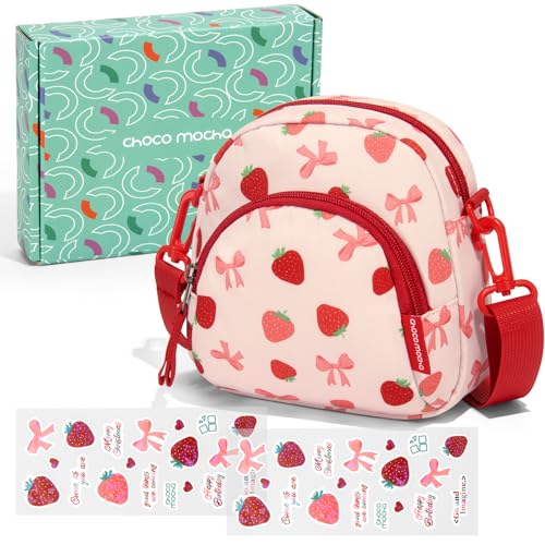 Choco Mocha Little Girls Purse for Kids 4-6 6-8 Kids Crossbody Bag Toddler Purse 2 3 4 Girl Christmas Purses Gifts, Strawberry Bow pink