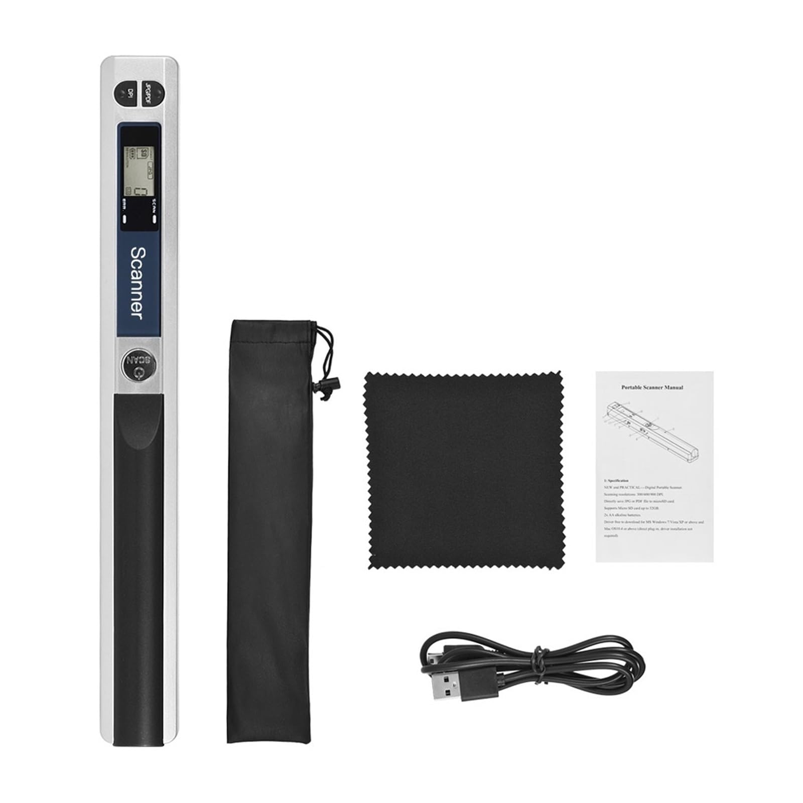 Skaner dokumentów Przenośny ręczny skaner bezprzewodowy, rozmiar A4, 900 DPI, format JPG/PDF, ekran LCD, interfejs typu C, z torbą ochronną(Silver)
