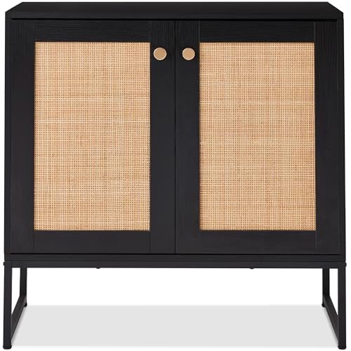 Best Choice Products 2-Door Rattan Storage Cabinet, Accent Furniture, Multifunctional Cupboard for Living Room, Hallway, Kitchen, Sideboard, Buffet Table w/Non-Scratch Foot Pads - Black