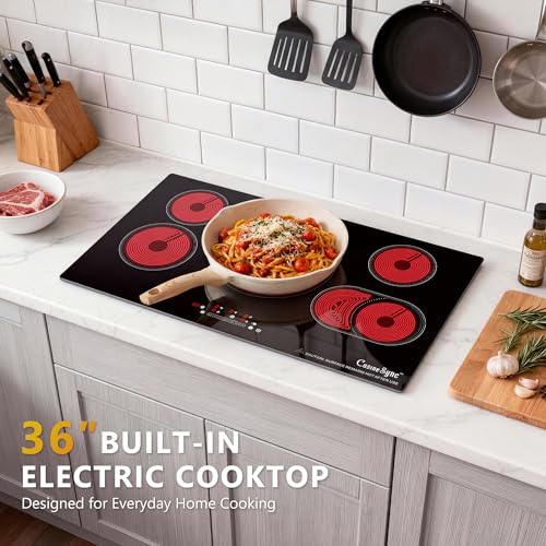 Image of 36 Inch Electric Cooktop, 5 Burner Built-In Ceramic Glass Stove Top, 9200W | 36-inch built-in radiant cooktop with 5 zones, 9200W, ceramic glass, touch control, and 220-240V wiring.