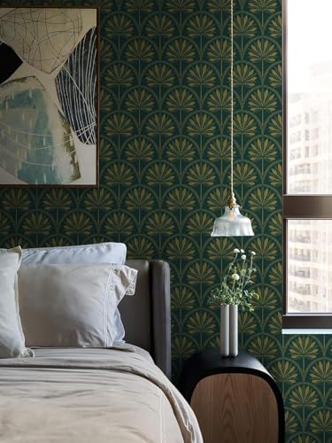 Image of Veki Luxury Floral & Botanical Geometric Wallpaper Mural - Waterproof, Moisture-Proof, Self-Adhesive PVC Wall Sticker for Home & Hotel Decoration (45cm x 300cm) (Green Gold Leaf)