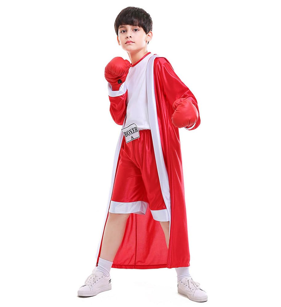 ZNLFS Children Boxing Costume Halloween Fancy Dress Role Playing Uniform Carnival Boxer Sport Jumpsuit and Robe for Kids (Red - Image 3