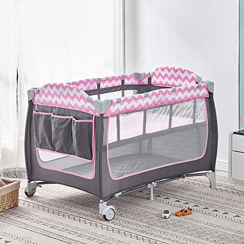 MeJa Portable Baby Travel Cot with Wheels, Foldable Baby Crib, Infant Bed for Nursery (Double-Deck+Accessories, Pink) - Image 2