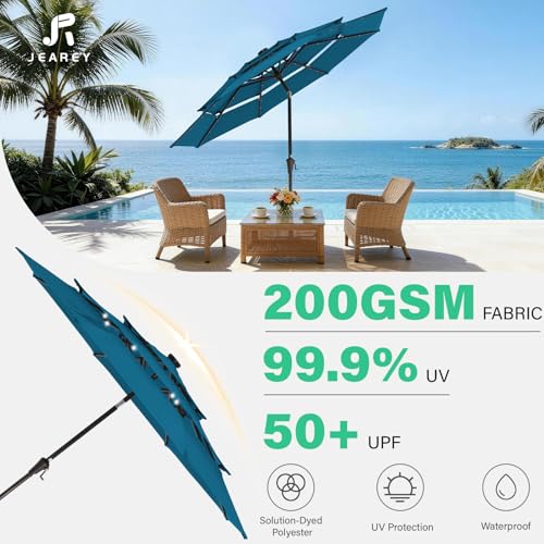 Image of JEAREY 3 Tiers Patio Umbrella with Solar Lights 9ft Outdoor Market Table Umbrellas with Push Button Tilt for Outside Pool Garden, Lake Blue