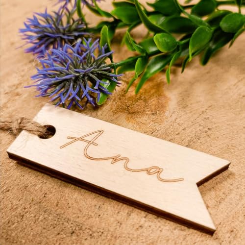 EVYRE | Marcasitios De Madera Personalizados - Pack 20 Unidades - Nombre Madera Personalizado| Detalles Boda Para Invitados - Recuerdos Bautizo - Regalos Comunión Invitados| Marcasitios De ETIQUETA