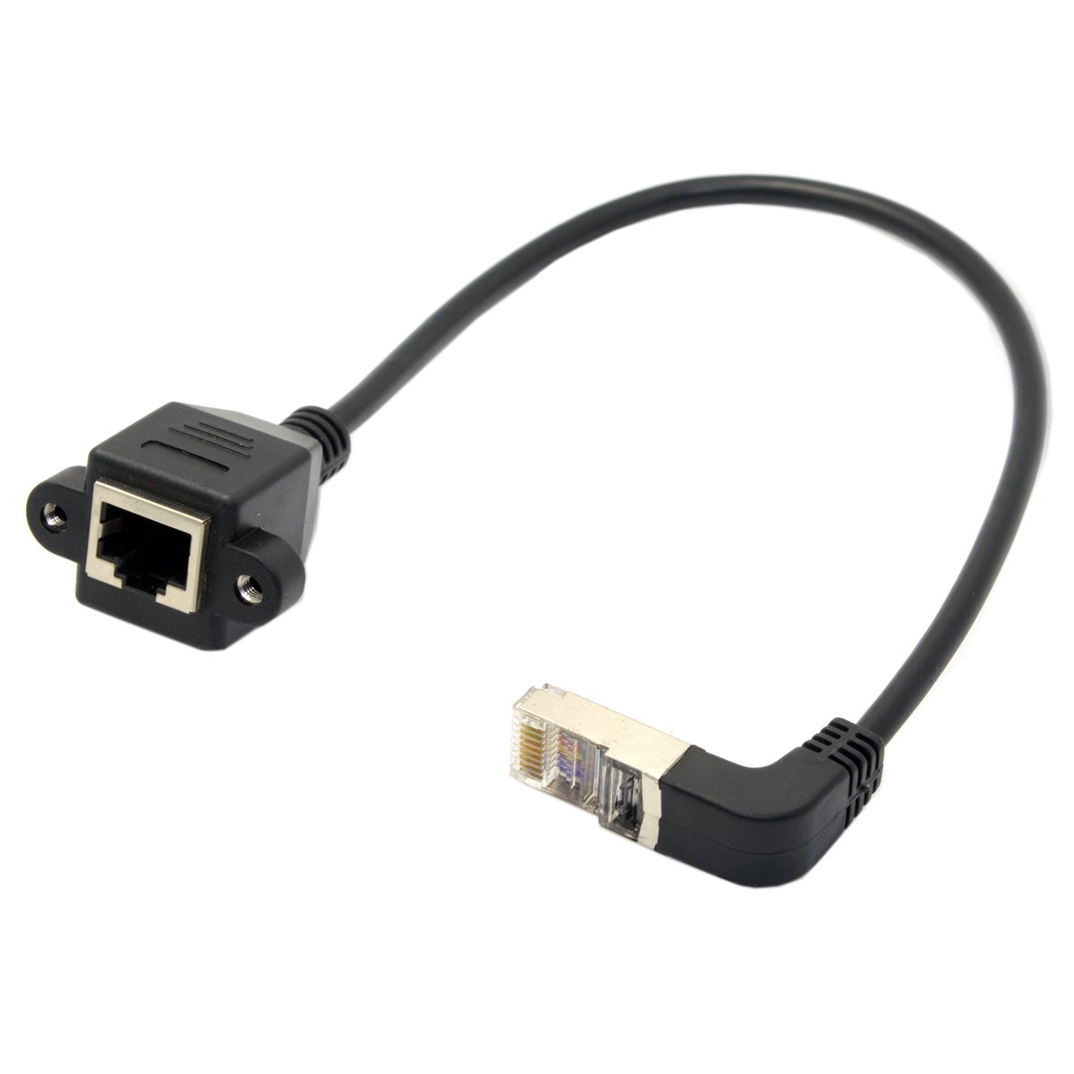 Ethernet-verlengkabel, RJ45 mannelijk naar vrouwelijk schroefpaneelmontage CAT6/5e/5 afgeschermde netwerk-LAN-verlengkabel connector (schuin naar beneden