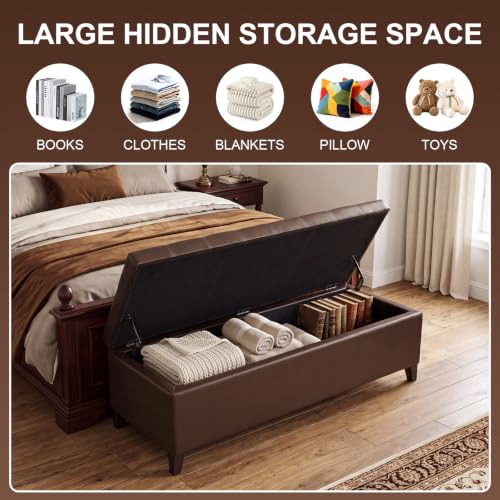 Image of 51 inch Dark Brown Leather Storage Ottoman for Living Room