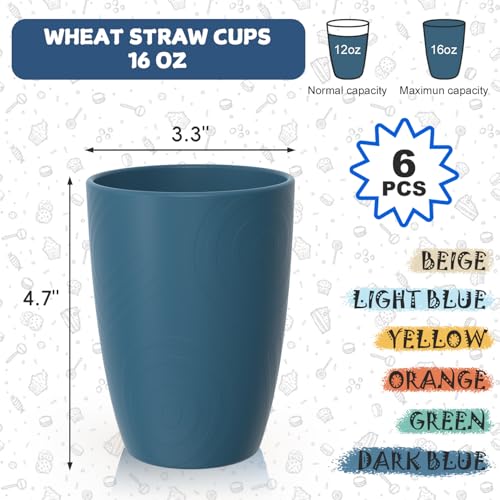 Image of Wheat Straw Cups of 6, 16 OZ Plastic Cups for Kitchen, Multicolor