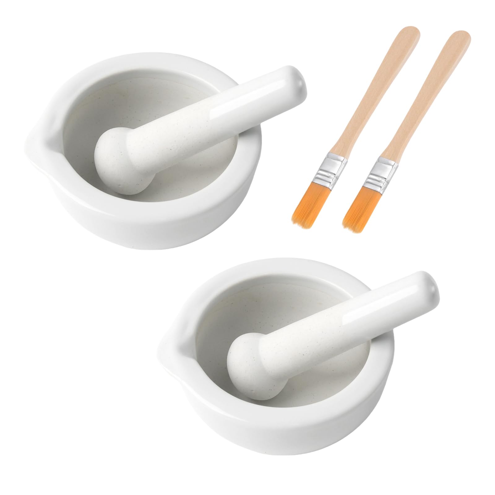 Zestaw 2 moździerzy z tłuczkiem i szczotkami, mały porcelanowy moździerz zestaw ceramicznych małych misek na zioła pesto kuchnia moździerz akcesoria naukowe 80 mm
