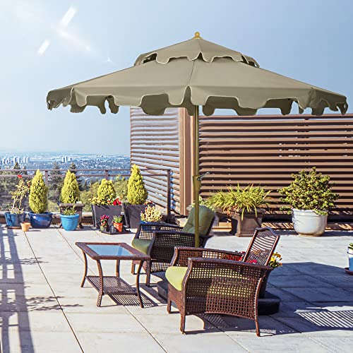 Outsunny 9' Patio Umbrella with Push Button Tilt and Crank, Double Top Ruffled Outdoor Market Table Umbrella with 8 Ribs, for Garden, Deck, Pool, Brown