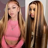 GZX 26 Inch Highlight Ombre Lace Front Wigs Human hair 13x6 Straight 4/27 Honey Blonde Lace Front Wig 180% Density HD Transparent Lace Frontal Wigs For Women Pre Plucked with Baby Hair