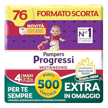Pampers Progressi Mutandino Maxi +500 Punti Coccole extra in omaggio, Taglia 4 (8-15 kg), 76 Pannolini (formato scorta)
