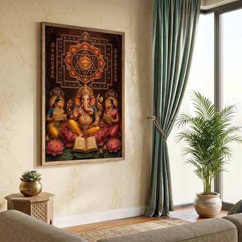 Image of Livin'luxe Ganesh Lakshmi Siddhi Yantra Wall Painting for Living Room Bedroom Pooja Room Decor with Premium Wooden Color Synthetic Frame, Spiritual Hindu Art Gift (13.5 x 19.5) NM01-4087
