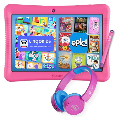 Image of Contixo K102 10 inch Kids Tablet Bundle - Wireless Kids Headphones, 32GB, Learning Educational Apps, Parental Controls, Dual Cameras, Shockproof Case with Kickstand & Stylus, Ages 3-7 - Pink