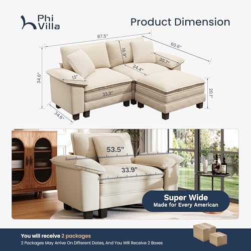 Image of PHI VILLA 87.5 inch Oversized Sectional Loveseat Sofa with 1 Movable Ottoman | Chenille Beige, Wider Armrest, Comfy Deep Seat, Wood Frame, Modern Cloud Modular Couch for Living Room and Apartment