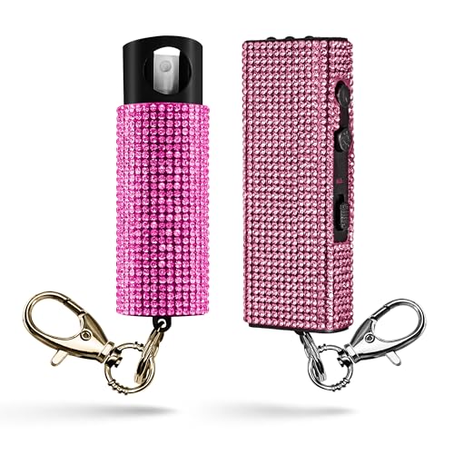 Guard Dog Security Bling It On Stun Gun and Pepper Spray for Self Defense, Fashionable Self-Defense Keychain Set for Women, Glow-in-the-Dark Actuator, 16-Ft Range, USB Rechargeable (Pink)