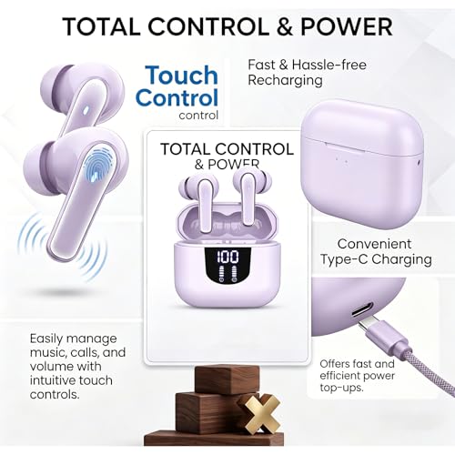 Image of Nyxo K06 Wireless Warbuds Woise Cancellation with LED Power Display, Type-C Fast Charging, 50ms Low Latency, Lightweight BT V5.4, 3D Spatial Audio, 10mm Rich Bass DriversClear Calls (Purple)