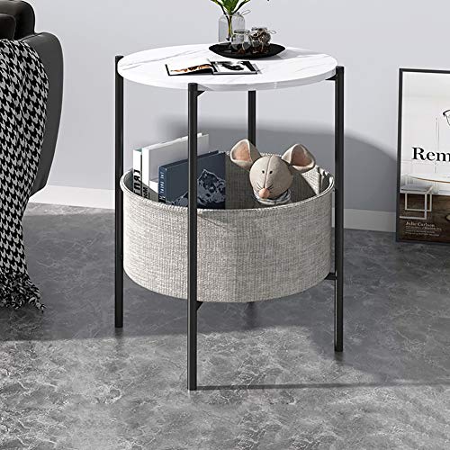 ZXFDM Table d'appoint en marbre, Table de Chevet Ronde pour Table Basse, Table de collation côté canapé avec Panier de Rangement en Tissu, Table de Style...