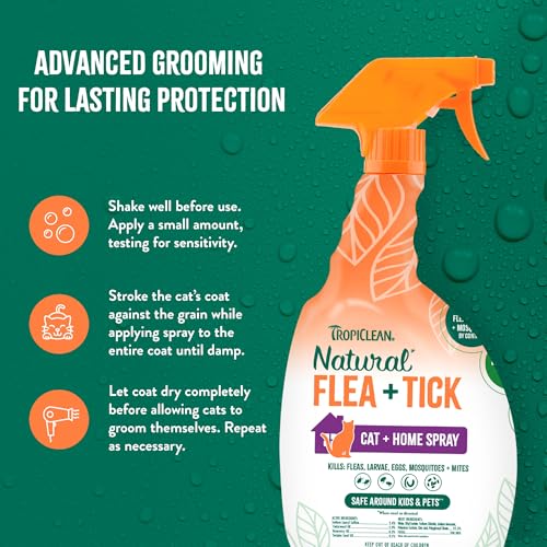 Image of TropiClean Flea and Tick Treatment Spray for Cats & Home, Safely Treat, Prevent & Control by Contact, Powerful & Natural Defense, USA Made, 32oz