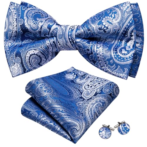 Image of Barry.Wang Paisley Striped Bow Tie for Men Silk Pre-Tied Bowtie Pocket Square Cufflinks Set Formal Wedding Party Prom