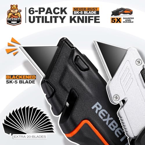 Image of REXBETI Box Cutter 6-Pack, Utility Knife with Blade Storage, 44 Blades | Folding Utility Knife with Push Button, Retractable Box Cutter with Auto-Lock, SK5 Anti-Rust Blades, Quick Change for Packing