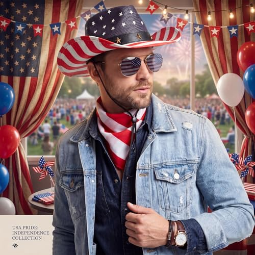 Image of 3 Pcs American Flag Cowboy Hat with Bandana and Glasses Cowboy Hat with Strap Halloween Cosplay Costumes for Masquerade