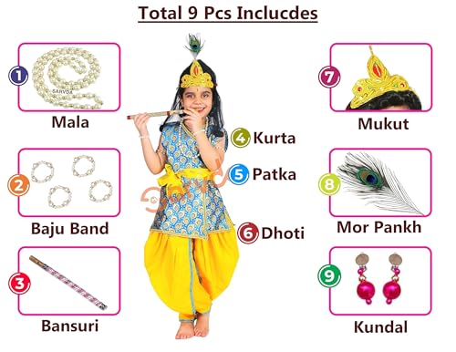 Image of Sarvda Krishna & Radha Dress for Kids - Complete Janmashtami Costume Sets with Dhoti /Lehenga, Mukut, Mor Pankh, Bansuri & Accessories | Fancy Dress for Baby Boys & Girls