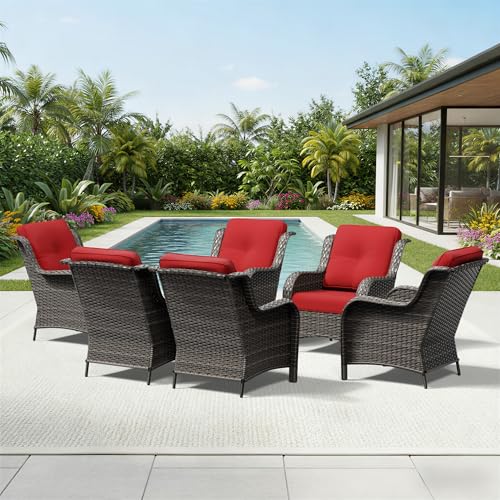 Image of Joyside 6 Piece Wicker Patio Furniture Set, Rattan Patio Chairs with High Back, Deep Seating, Wide Armrest, Thickened Cushions, Outdoor Furniture for Deck, Porch Use