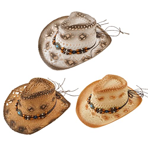 Cowboy hat,Trendy Sunshade Straw Hat Straw Hat Bead Western Sunhat for Couples Boys Girls Youth3