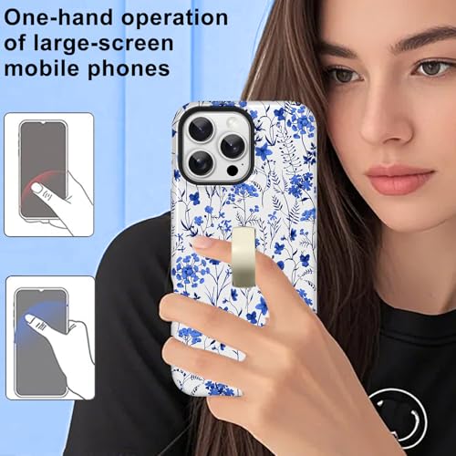 Image of Magnetic for iPhone 16 Pro Max Case with Finger Strap Kickstand [Compatible with Magsafe] Cute Floral Flower Pattern Design, Dual-Layer Shockproof Protective Cover for Women Men, Blue