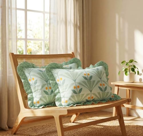 Image of VAS COLLECTIONS Cotton Pillow Covers Set of 2 (18x28 Inch) Rectangular Throw Pillow Cases with Frill Border, Envelope Closure Cushion Covers for Living Room, Bedroom & Diwan (Retro Botanical)