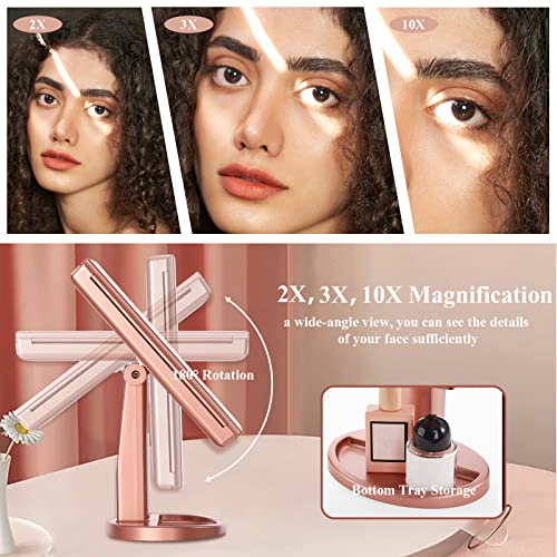 Hmgold Makeup Vanity Mirror With Led Lights, 2X 3X 10X Magnification Portable Makeup Mirror Gifts For Women, Dual Power Supply, Touch Control Dimmable, Travel Makeup Mirror Rose Gold #TOP2