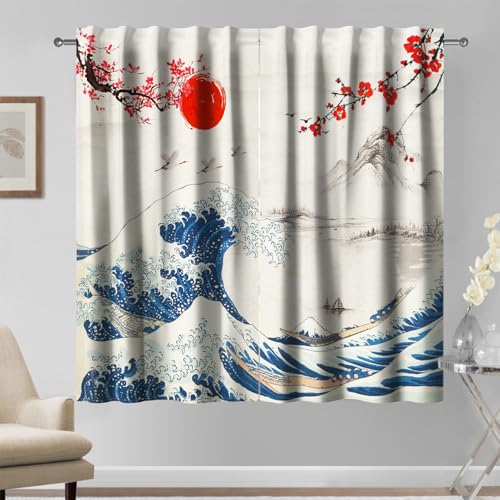Kzzfqxb Lot de 2 Rideaux 117x138cm cm de Style Japonais, Ukiyoe Soleil Rouge Fleurs de Prunier Hokusai La Grande Vague fenêtre drapés, décor Orientale pour...