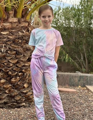 Image of Flypigs Girls Clothing Sets Tie Dye 2 Piece Outfits Short Sleeve Twist Front Tops and Sweatpants Sportswear Tracksuits