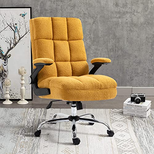 Yamasoro High Back Ergonomic Office Chair,Modern Computer Desk Chairs With Flip-Up Armrests, Faux Fur Executive Swivel Rolling Chair (Yellow) #TOP6