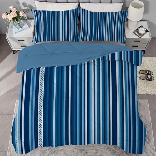 Qiwagu Couette Imprimée Rayure, Couette 240x260 pour 2 Personnes, Couette 4 Saisons 200GSM Legere et Chaude, Couette Bleu Réversible Lavable avec 2 Taies d'oreiller