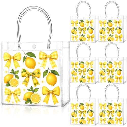 Image of Teenyyou 24 Pcs Lemon Clear Gift Bags with Handles Yellow Bow Lemon Print Transparent Tote Bags Reusable PVC Candy Treat Gift Container for Bridal Shower, Baby Shower, Wedding, Birthday Party Favors