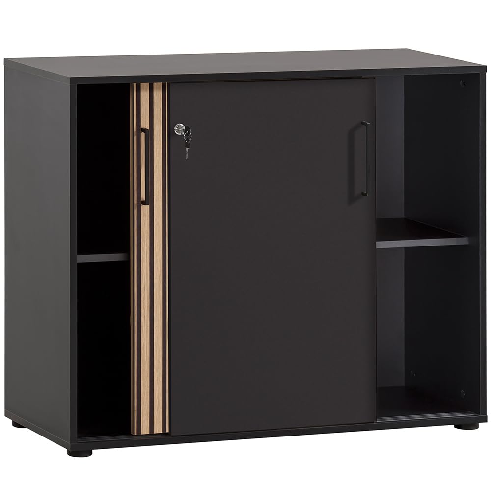 Lomadox Aktenschrank abschließbar Büroschrank mit Schiebetüren 100cm Breite modern in schwarz Akustikpaneel-Optik