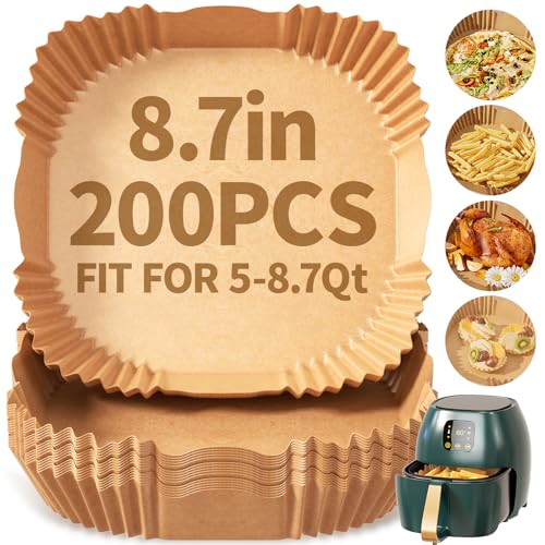 DSMY 200 PCS Air Fryer Disposable Paper Liners,8 Inch Square Parchment Disposable Paper Liner for 5-8QT Air Fryer,Baking, Roasting and Microwave, Non-Stick Airfryer Accessories